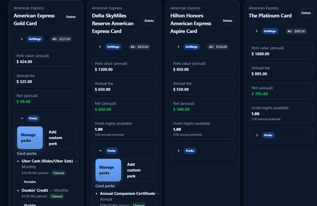 Perqfolio card portfolio showing annual perk value, annual fees, net value, hotel nights, card settings, and expandable perk sections.